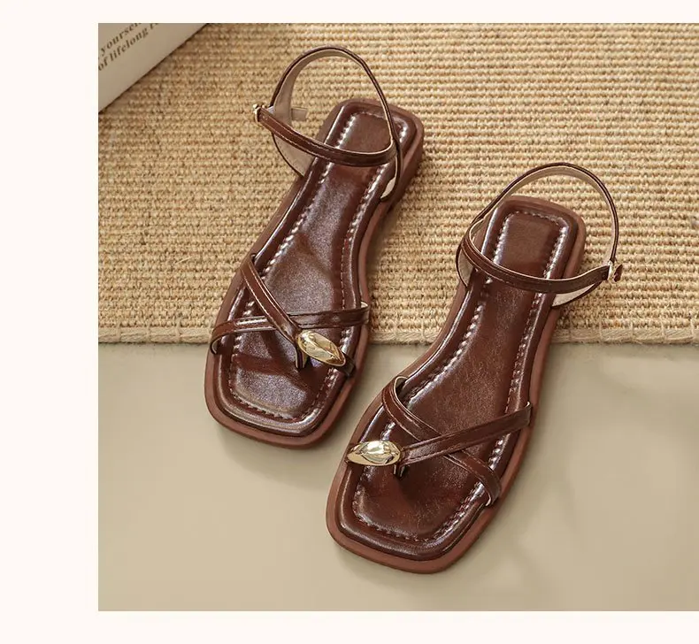 Sandals Women 2026 Summer New Fashion Square Toe Roman Shoes Simple Fairy Strap Women Shoes Flat Casual Shoe Sandalias De Mujer