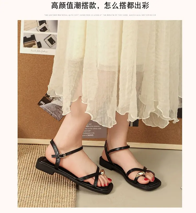 Sandals Women 2026 Summer New Fashion Square Toe Roman Shoes Simple Fairy Strap Women Shoes Flat Casual Shoe Sandalias De Mujer