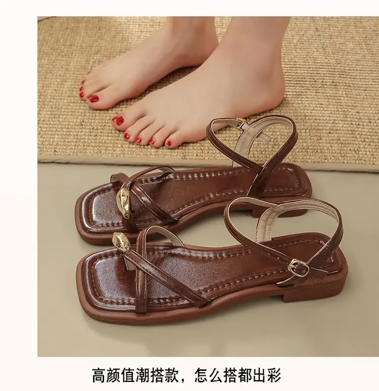 Sandals Women 2026 Summer New Fashion Square Toe Roman Shoes Simple Fairy Strap Women Shoes Flat Casual Shoe Sandalias De Mujer