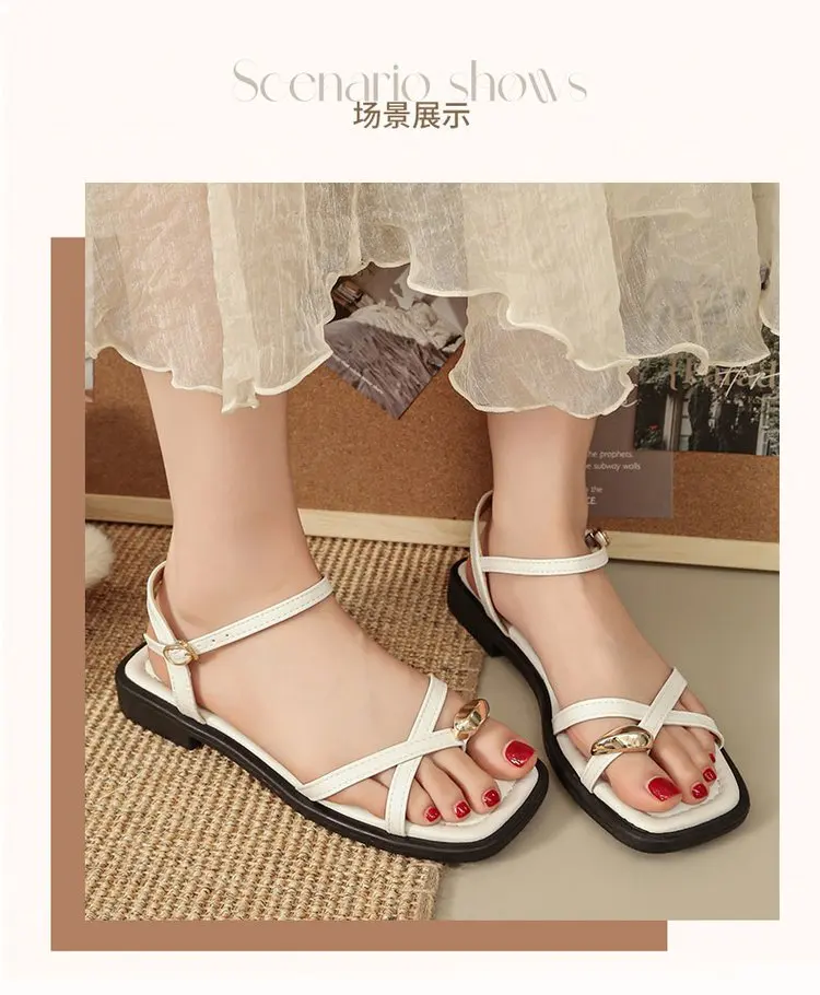 Sandals Women 2026 Summer New Fashion Square Toe Roman Shoes Simple Fairy Strap Women Shoes Flat Casual Shoe Sandalias De Mujer