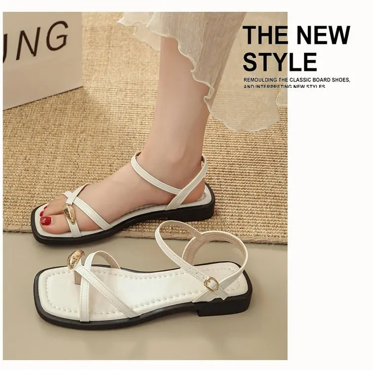 Sandals Women 2026 Summer New Fashion Square Toe Roman Shoes Simple Fairy Strap Women Shoes Flat Casual Shoe Sandalias De Mujer