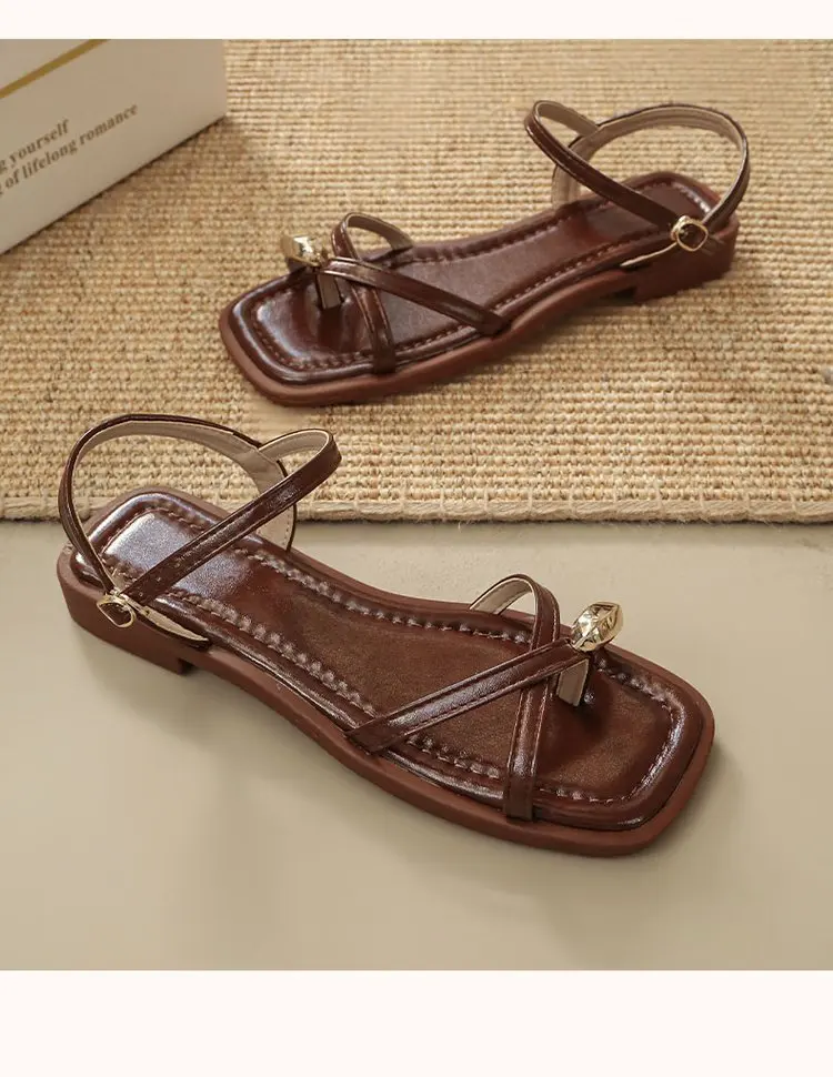 Sandals Women 2026 Summer New Fashion Square Toe Roman Shoes Simple Fairy Strap Women Shoes Flat Casual Shoe Sandalias De Mujer