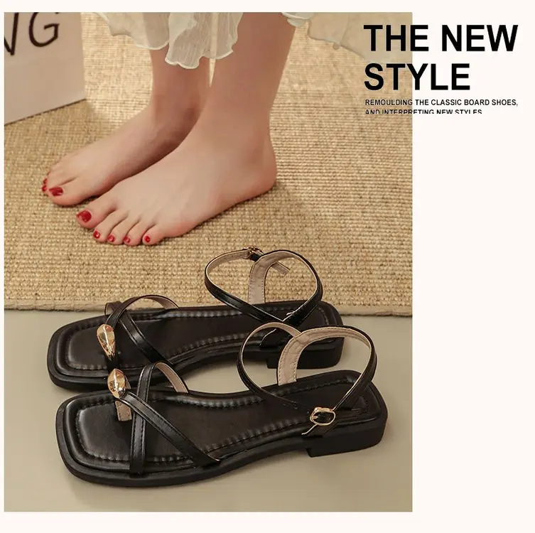 Sandals Women 2026 Summer New Fashion Square Toe Roman Shoes Simple Fairy Strap Women Shoes Flat Casual Shoe Sandalias De Mujer
