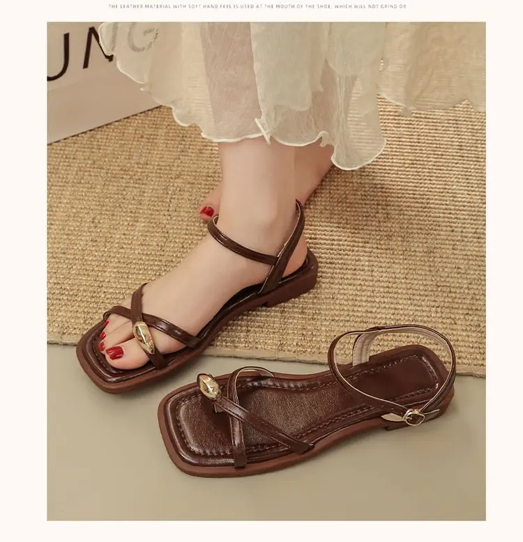 Sandals Women 2026 Summer New Fashion Square Toe Roman Shoes Simple Fairy Strap Women Shoes Flat Casual Shoe Sandalias De Mujer
