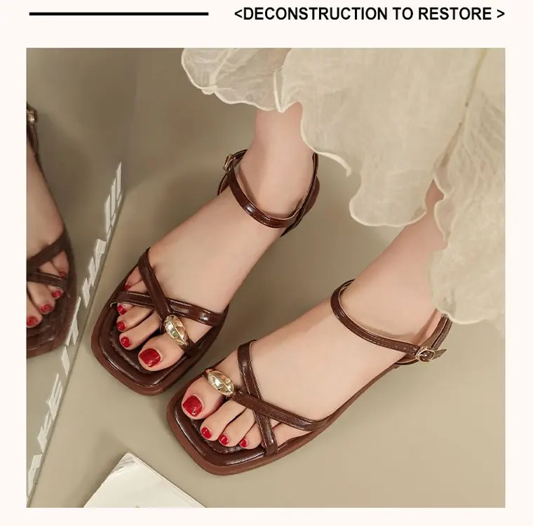 Sandals Women 2026 Summer New Fashion Square Toe Roman Shoes Simple Fairy Strap Women Shoes Flat Casual Shoe Sandalias De Mujer