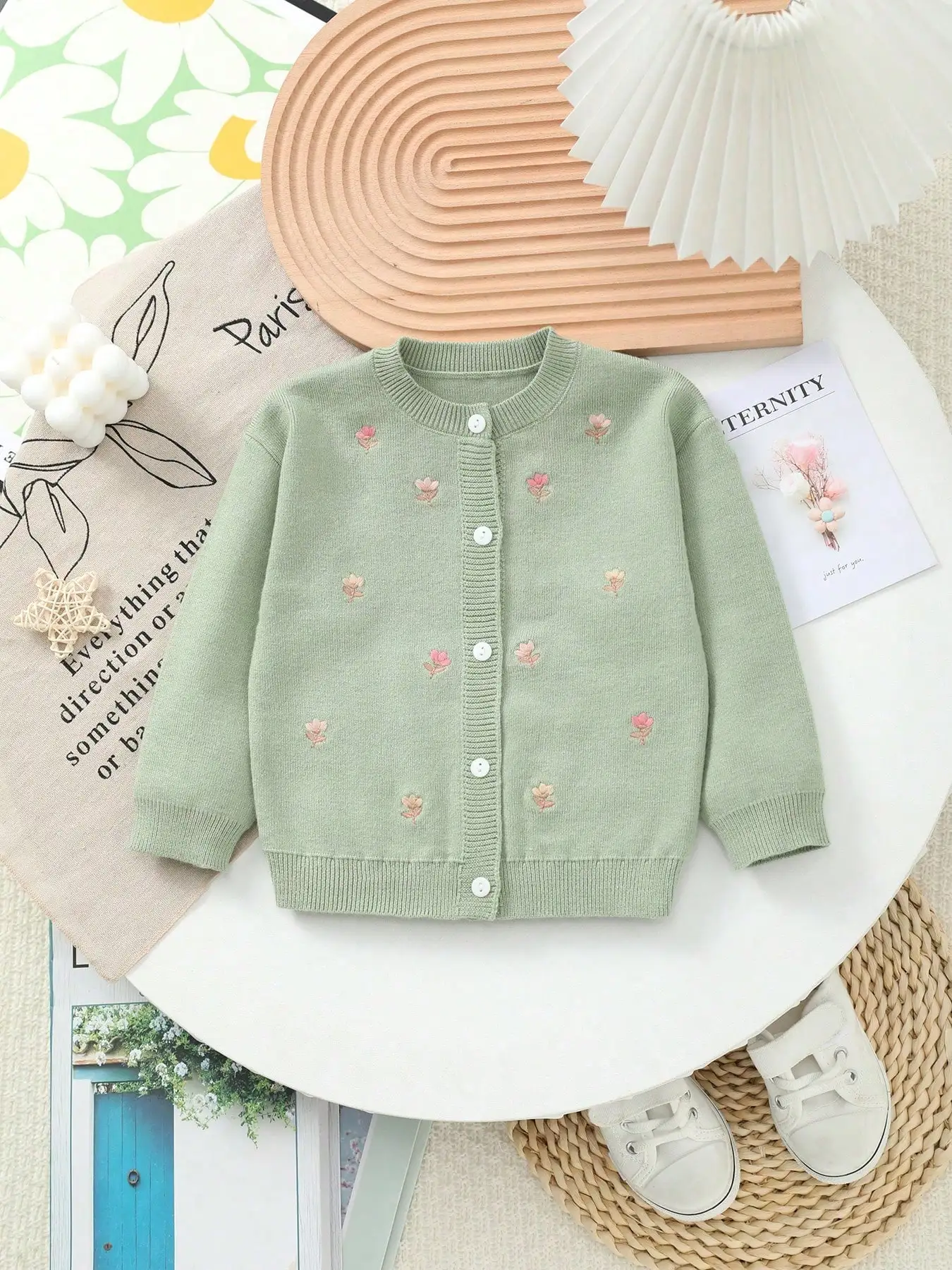 Girls' Knitted Round-Neck Cardigan with Handmade Floral Embroidery Pattern
