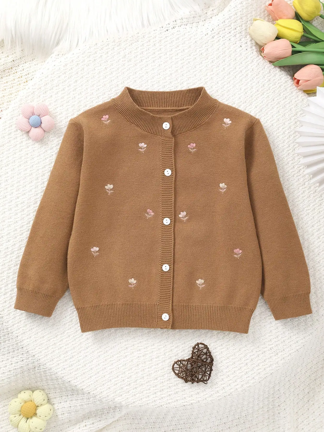 Girls' Knitted Round-Neck Cardigan with Handmade Floral Embroidery Pattern