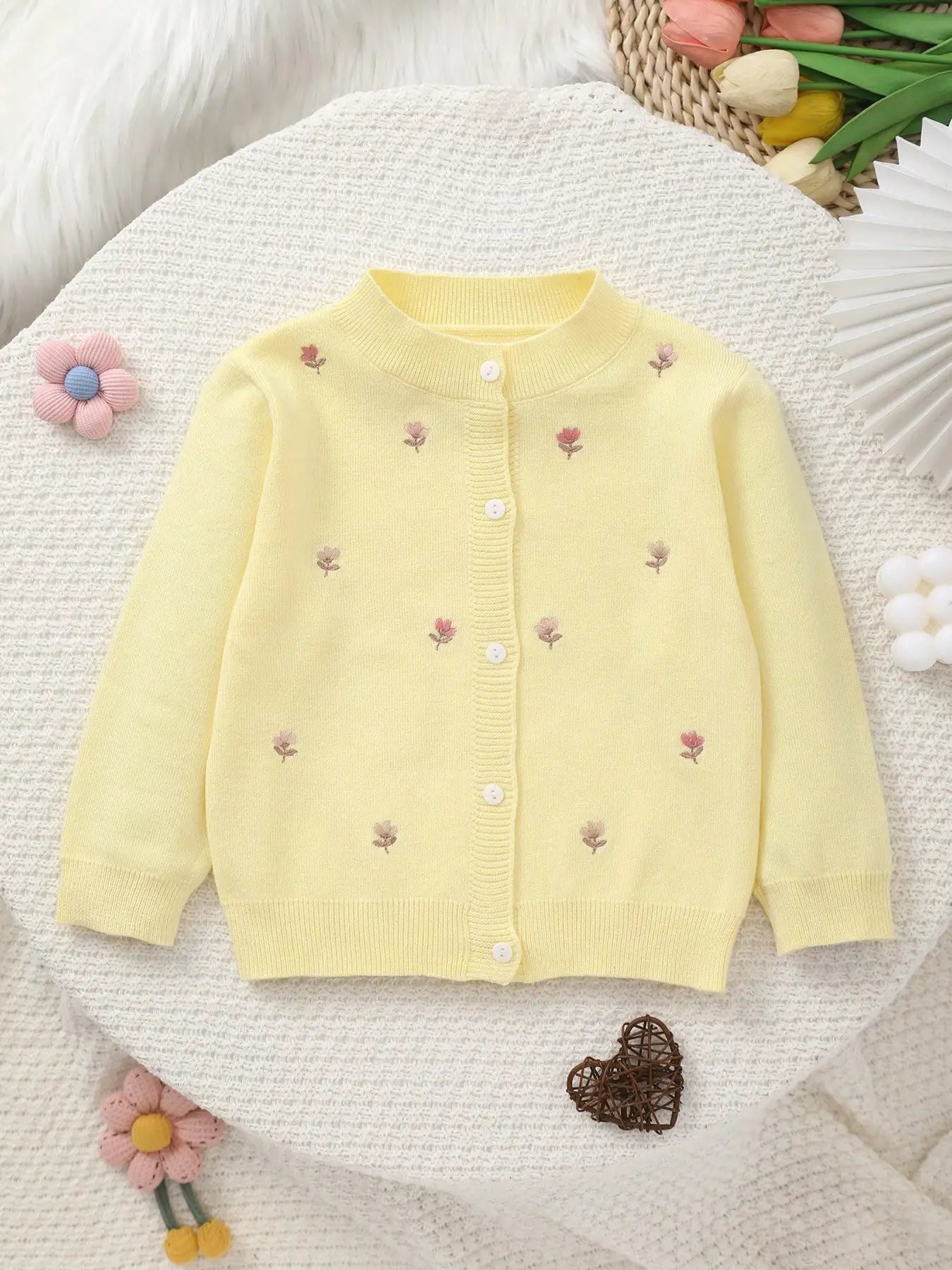 Girls' Knitted Round-Neck Cardigan with Handmade Floral Embroidery Pattern