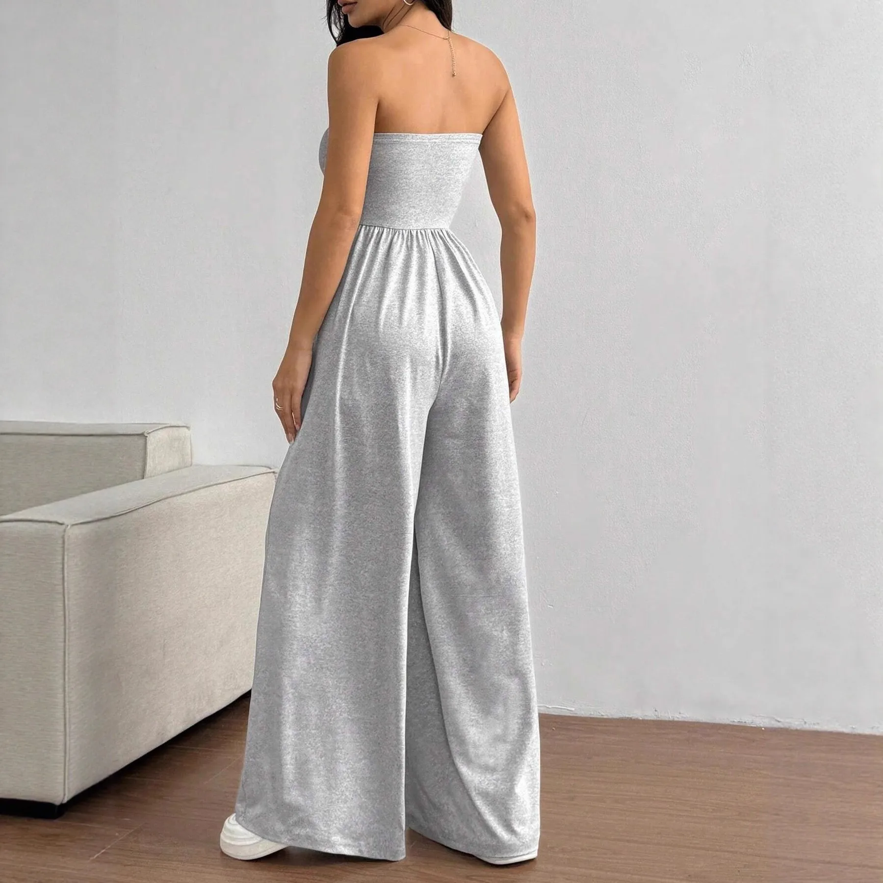 Women's Strapless Tube Top Jumpsuit Ruched High Waist Wide Leg Pants Casual Loose One-Piece Romper Summer Black