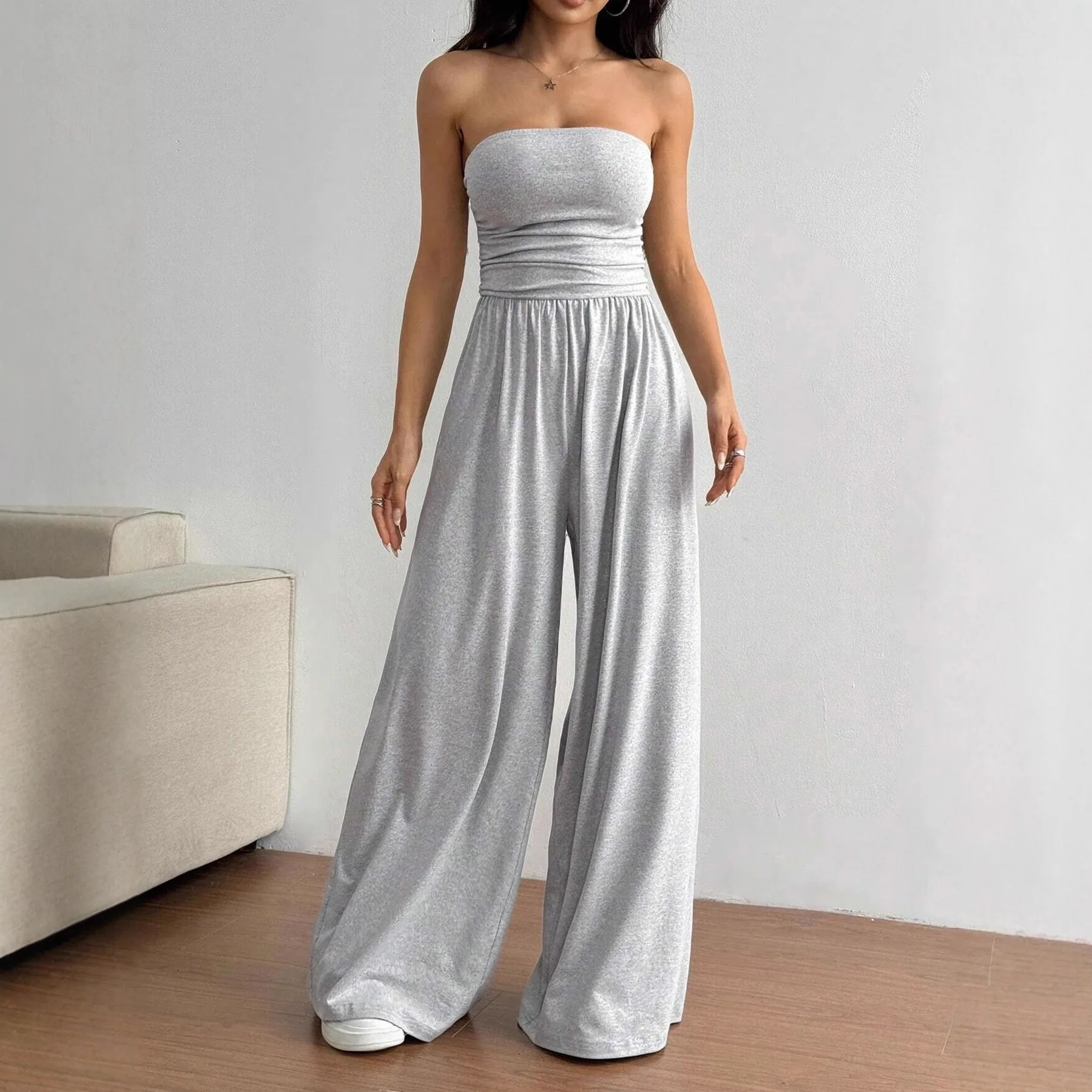 Women's Strapless Tube Top Jumpsuit Ruched High Waist Wide Leg Pants Casual Loose One-Piece Romper Summer Black