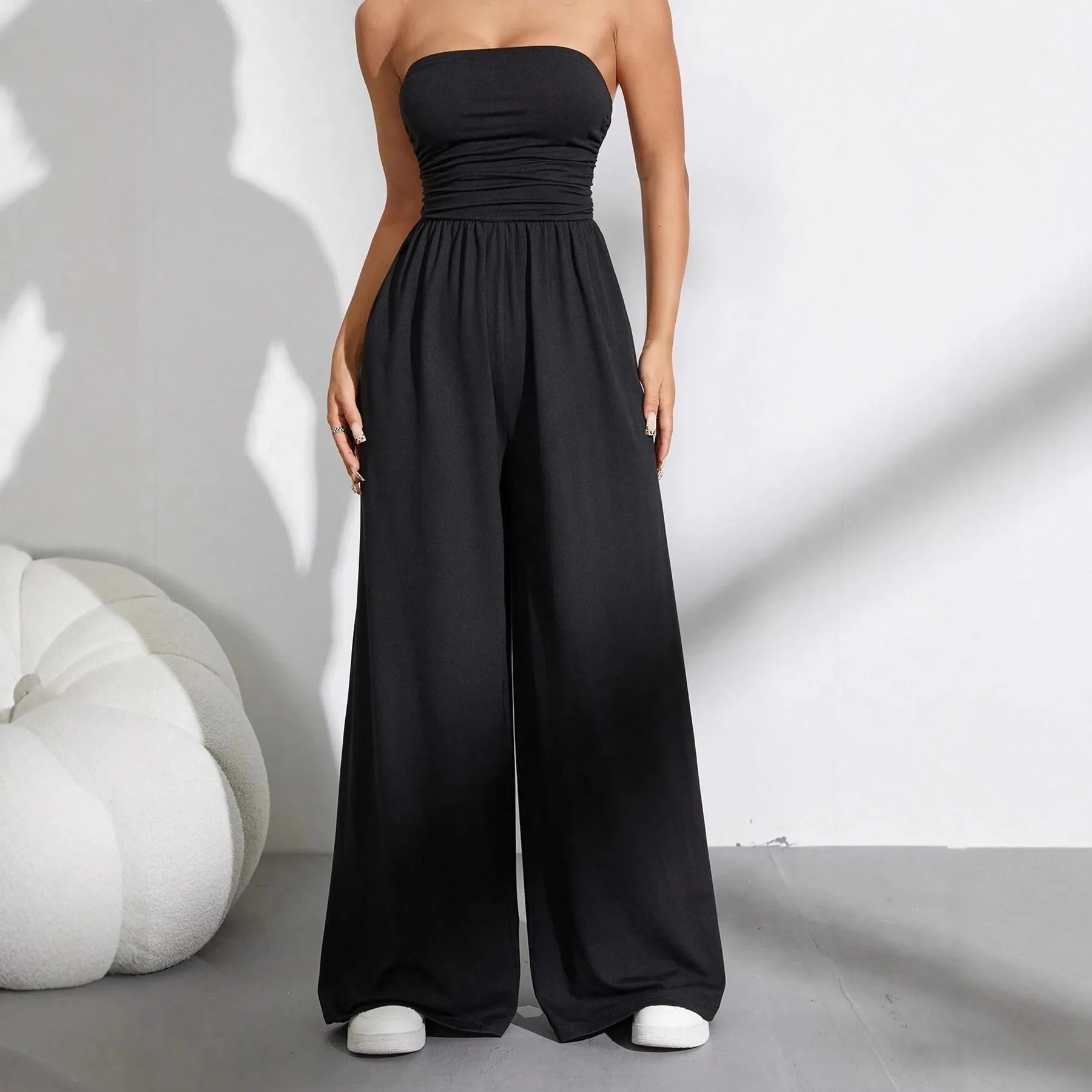 Women's Strapless Tube Top Jumpsuit Ruched High Waist Wide Leg Pants Casual Loose One-Piece Romper Summer Black