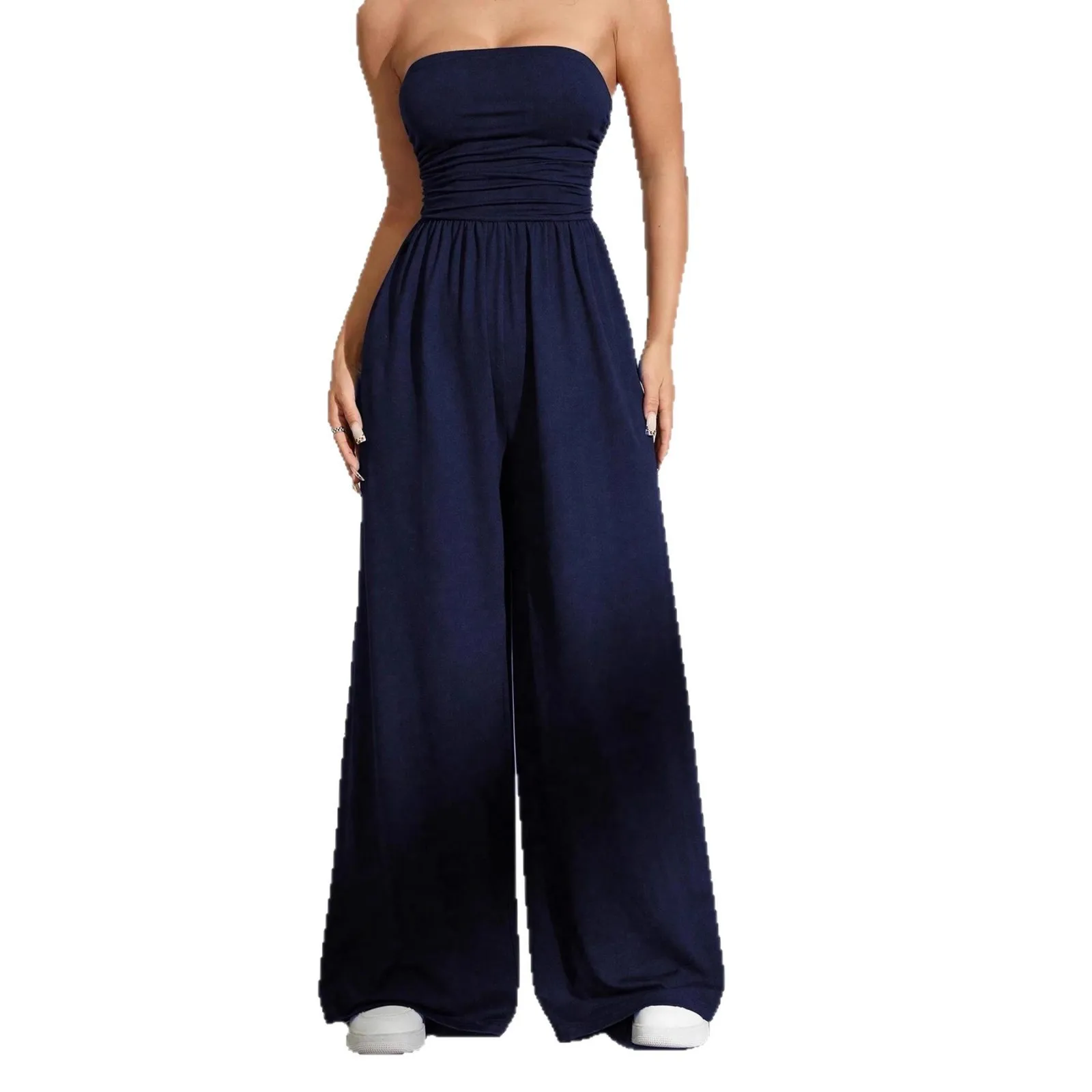 Women's Strapless Tube Top Jumpsuit Ruched High Waist Wide Leg Pants Casual Loose One-Piece Romper Summer Black