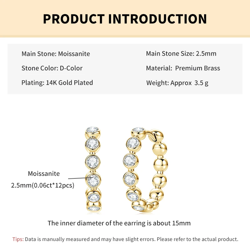Rrjzz 2.5mm Full Moissanite Sweet Bubble Hoop Earrings for Women GRA D-Color Lab Created Diamond Earrings Wedding Jewelry Gifts