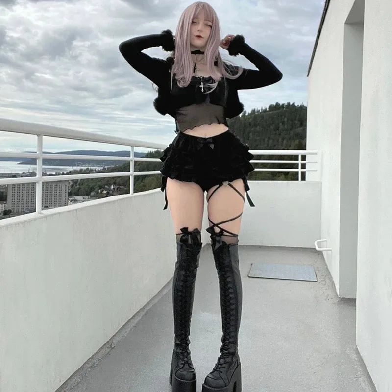 Hotsweet Shorts Women Aesthetic Y2k E-girl Cute Sweet Fairycore Grunge Lace Bow Patchwork High Waist Shorts
