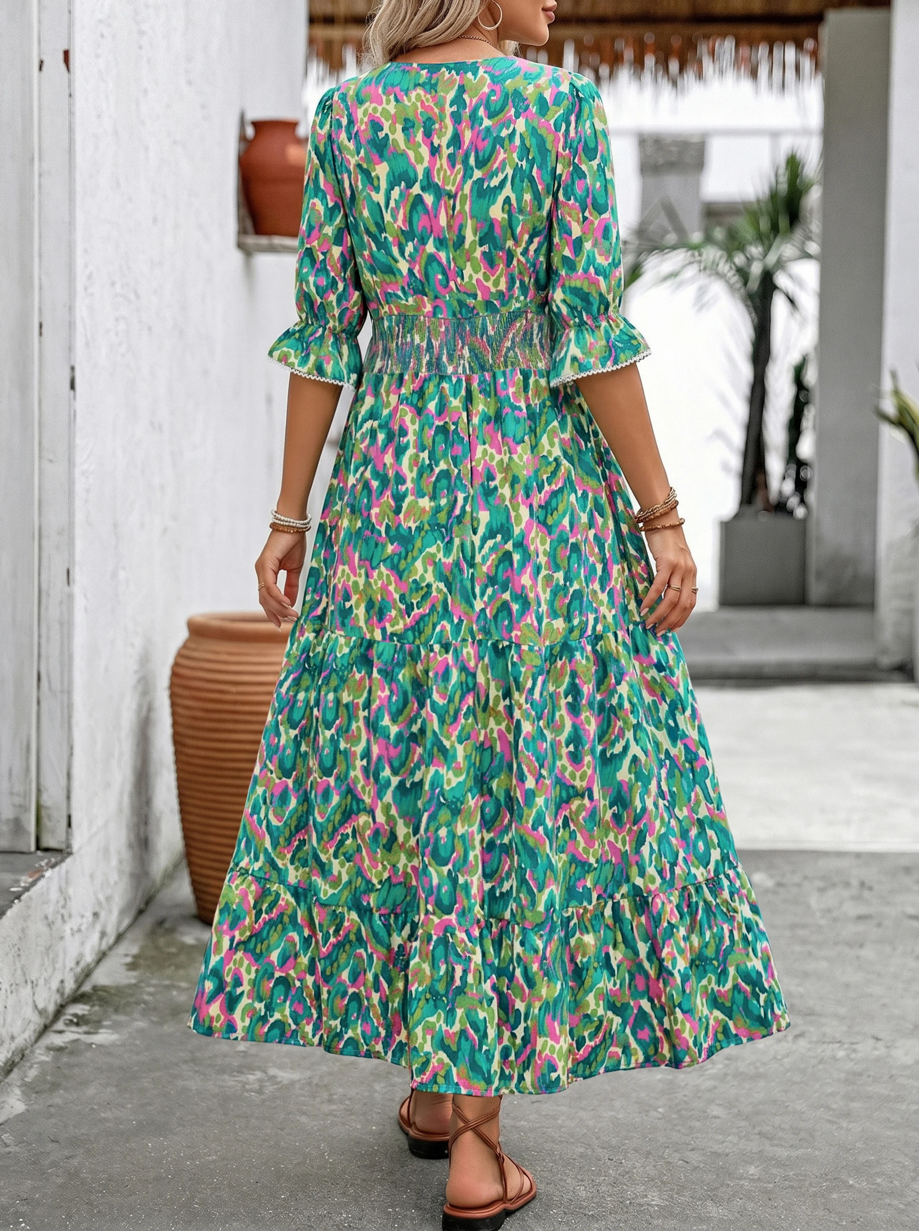 2026 new Bohemian vacation style cake dress, printed V-neck five-quarter sleeve dress