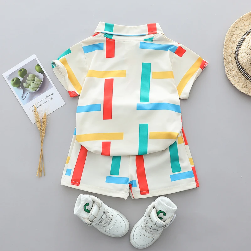 Summer Infant Toddler 4-Color Striped Full-Print Polo Shirt And Shorts Set with Lapels - Baby Boys Clothing Set