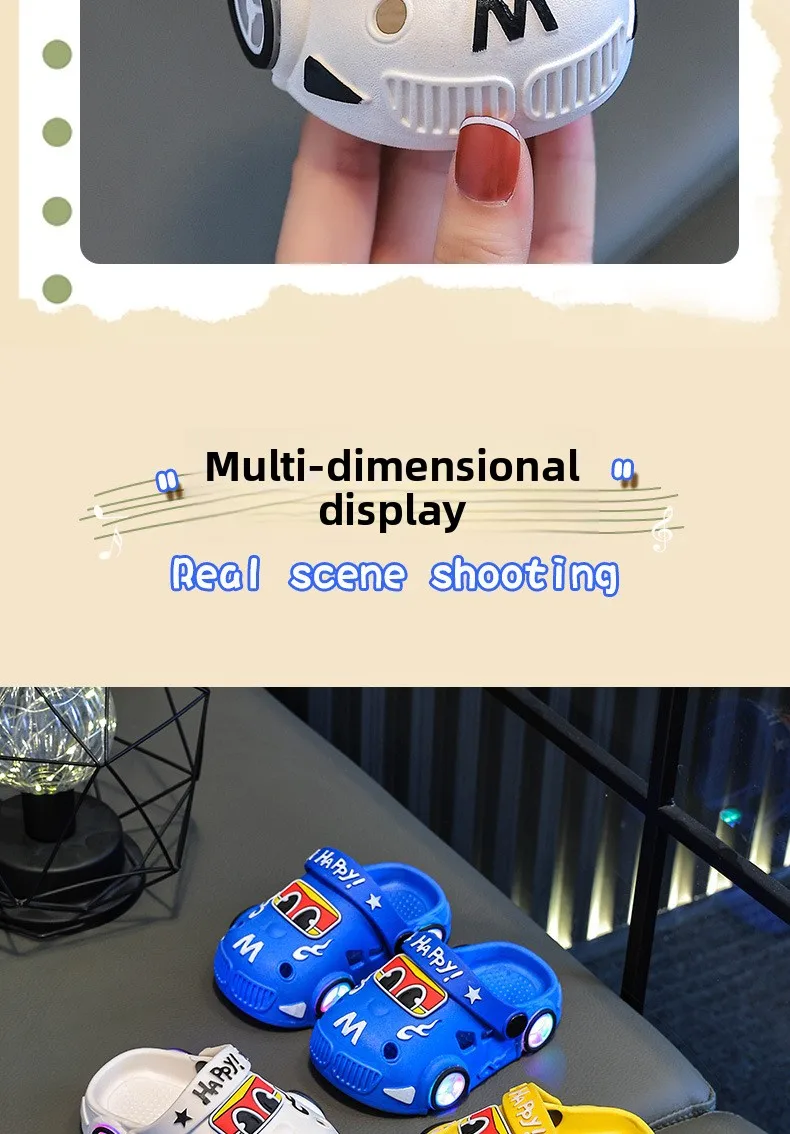 Children's Flashing Light Hole Shoes, Anti Slip Soft Soled Toe Cap Slippers, Cartoon Car Illuminated Slippers for Boys and Girls