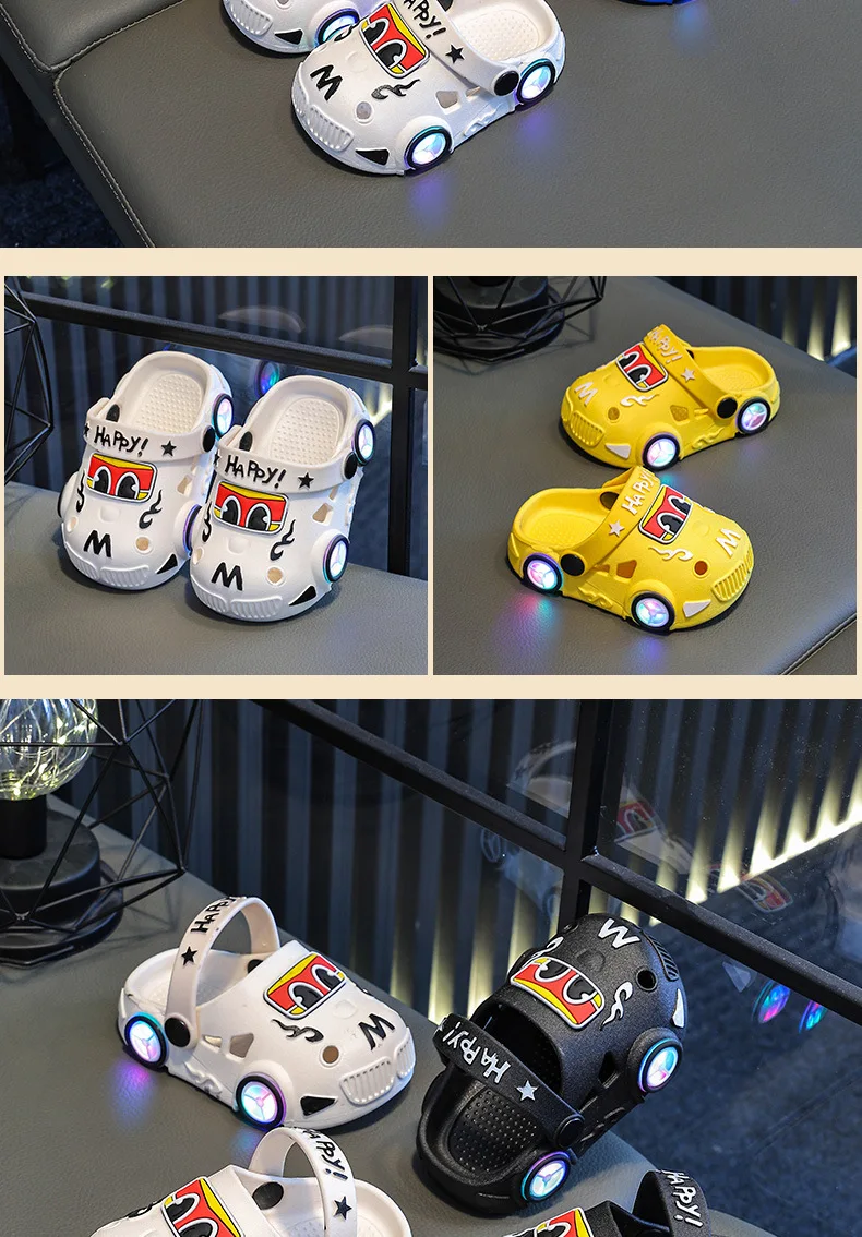 Children's Flashing Light Hole Shoes, Anti Slip Soft Soled Toe Cap Slippers, Cartoon Car Illuminated Slippers for Boys and Girls