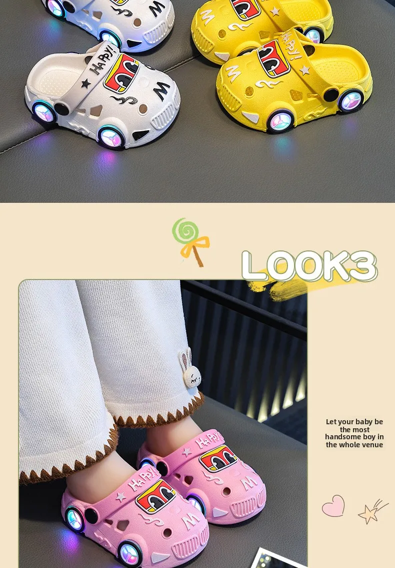 Children's Flashing Light Hole Shoes, Anti Slip Soft Soled Toe Cap Slippers, Cartoon Car Illuminated Slippers for Boys and Girls