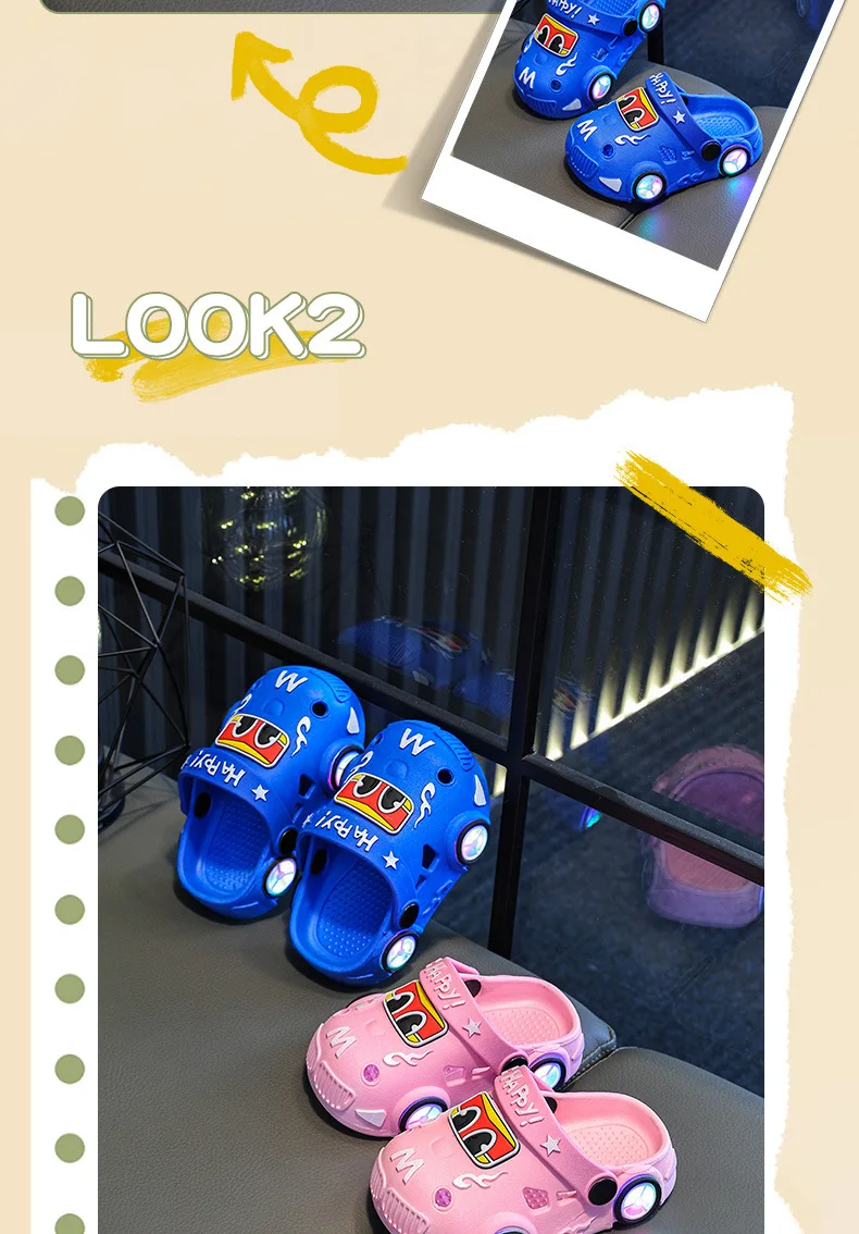Children's Flashing Light Hole Shoes, Anti Slip Soft Soled Toe Cap Slippers, Cartoon Car Illuminated Slippers for Boys and Girls