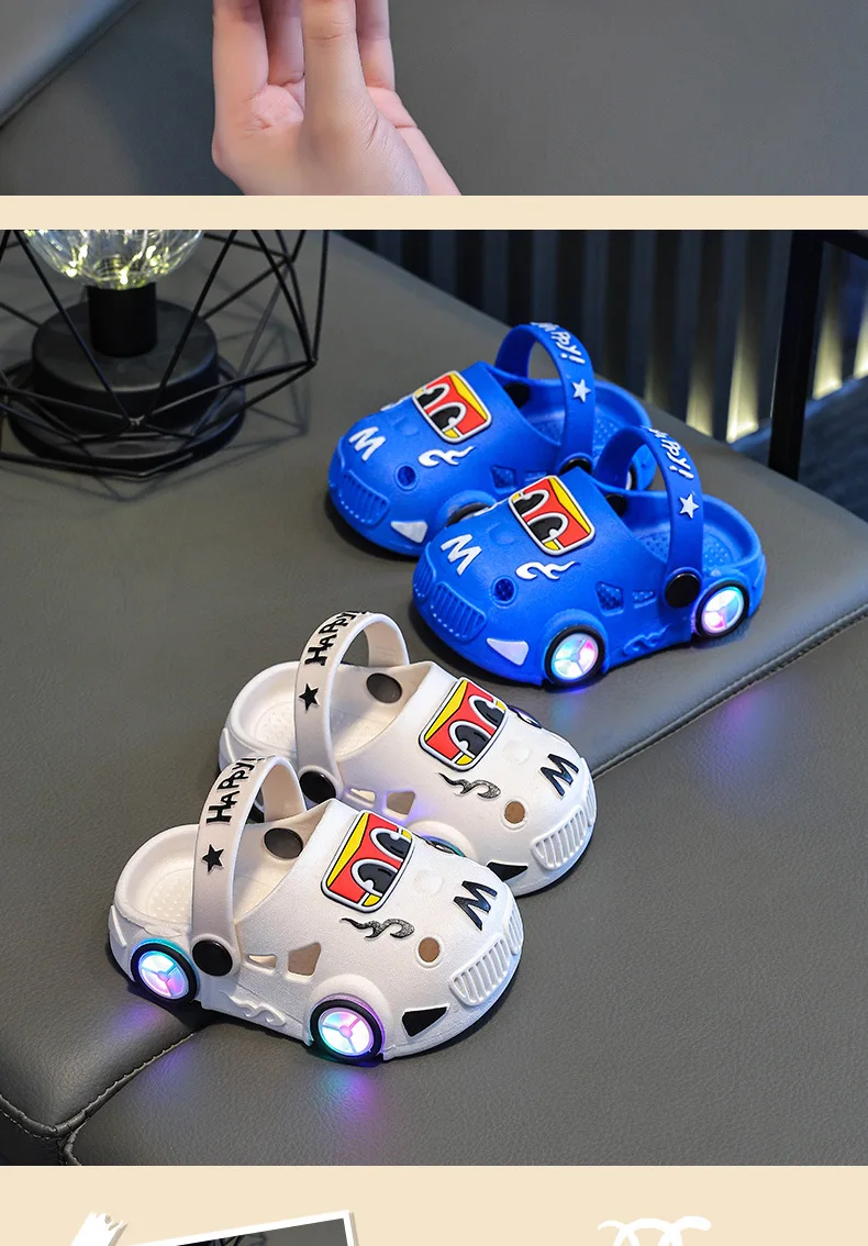 Children's Flashing Light Hole Shoes, Anti Slip Soft Soled Toe Cap Slippers, Cartoon Car Illuminated Slippers for Boys and Girls