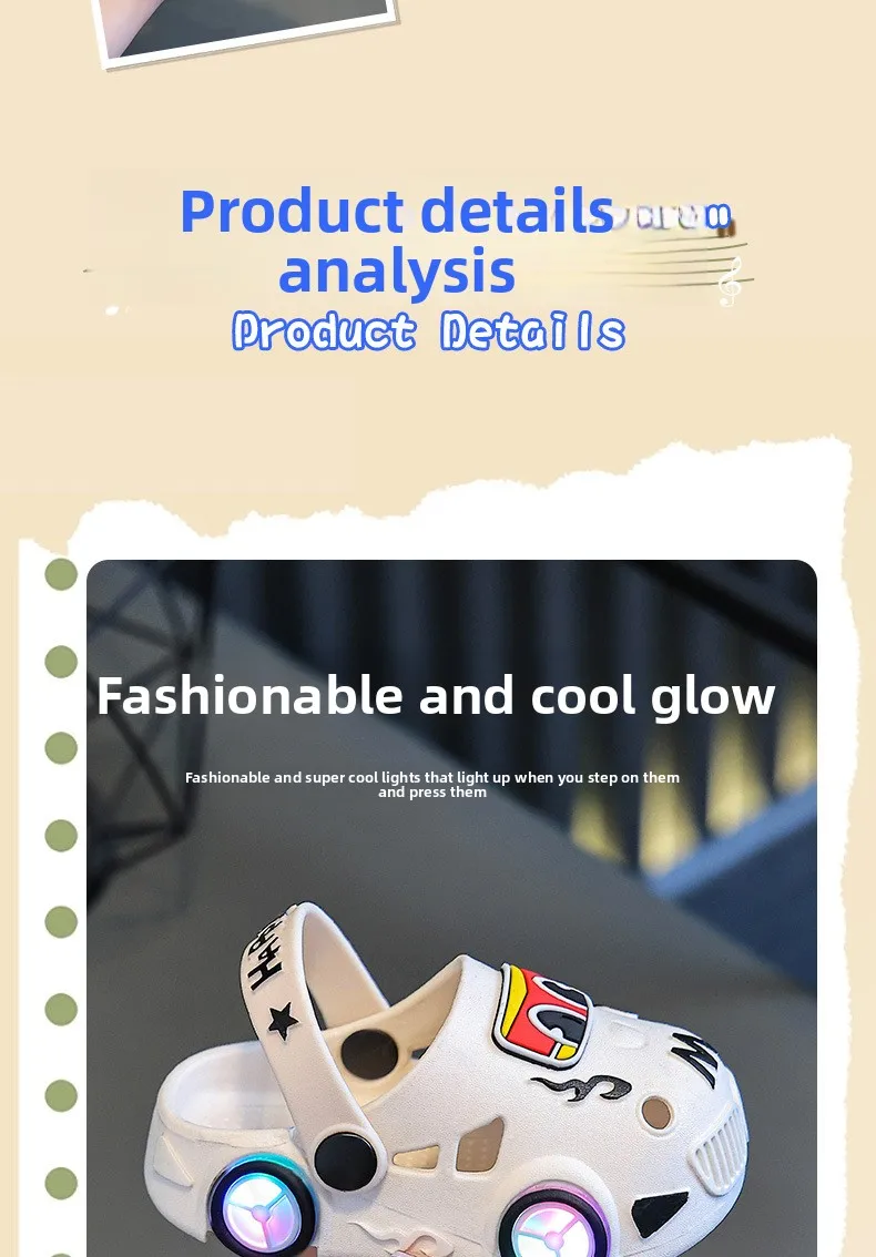 Children's Flashing Light Hole Shoes, Anti Slip Soft Soled Toe Cap Slippers, Cartoon Car Illuminated Slippers for Boys and Girls