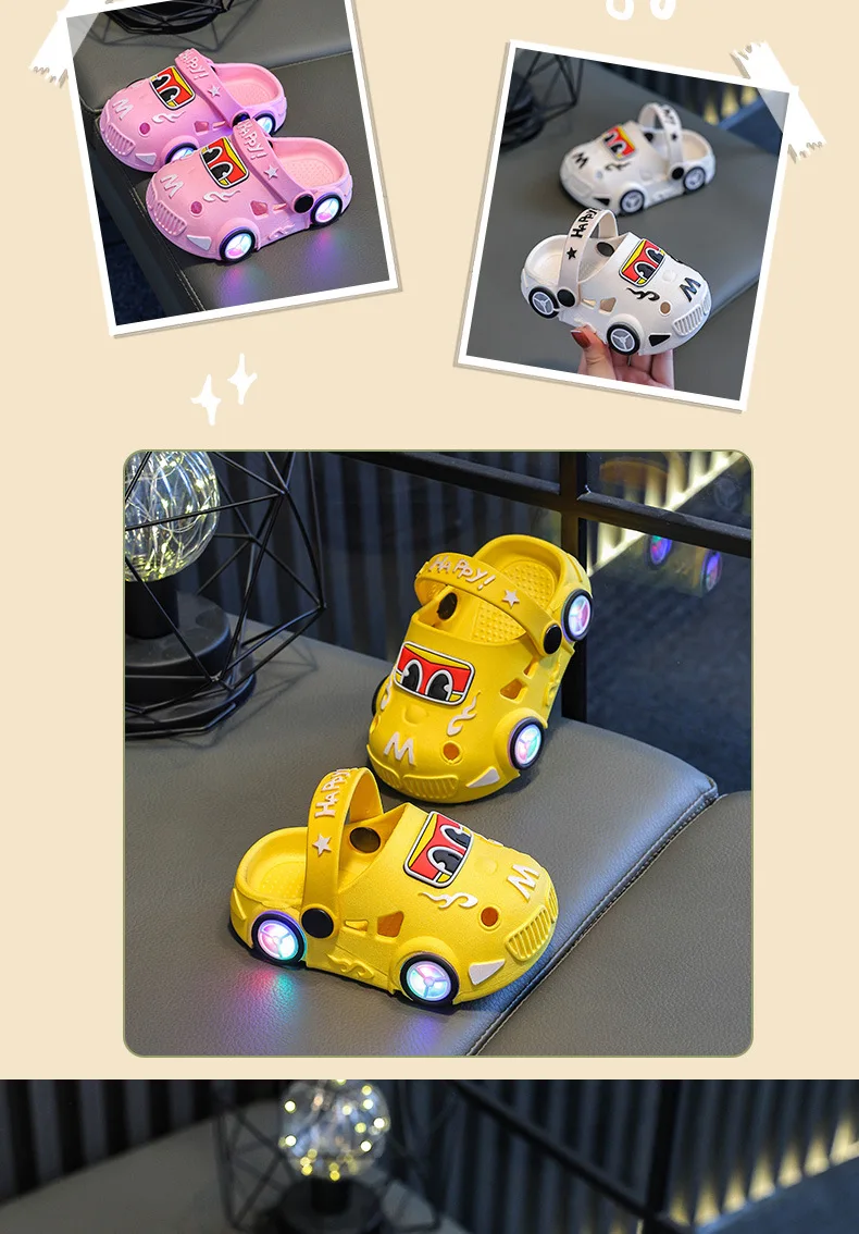 Children's Flashing Light Hole Shoes, Anti Slip Soft Soled Toe Cap Slippers, Cartoon Car Illuminated Slippers for Boys and Girls