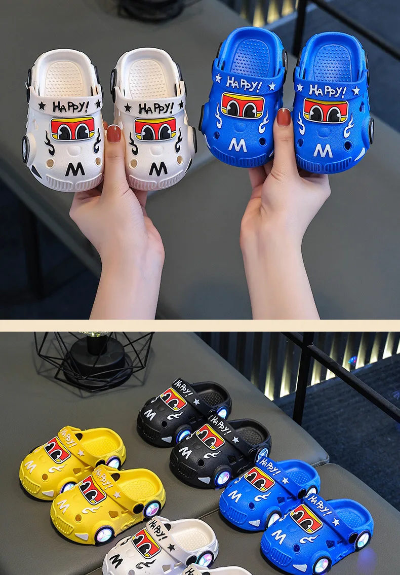 Children's Flashing Light Hole Shoes, Anti Slip Soft Soled Toe Cap Slippers, Cartoon Car Illuminated Slippers for Boys and Girls