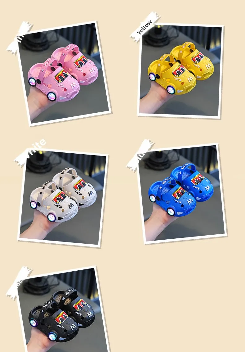 Children's Flashing Light Hole Shoes, Anti Slip Soft Soled Toe Cap Slippers, Cartoon Car Illuminated Slippers for Boys and Girls