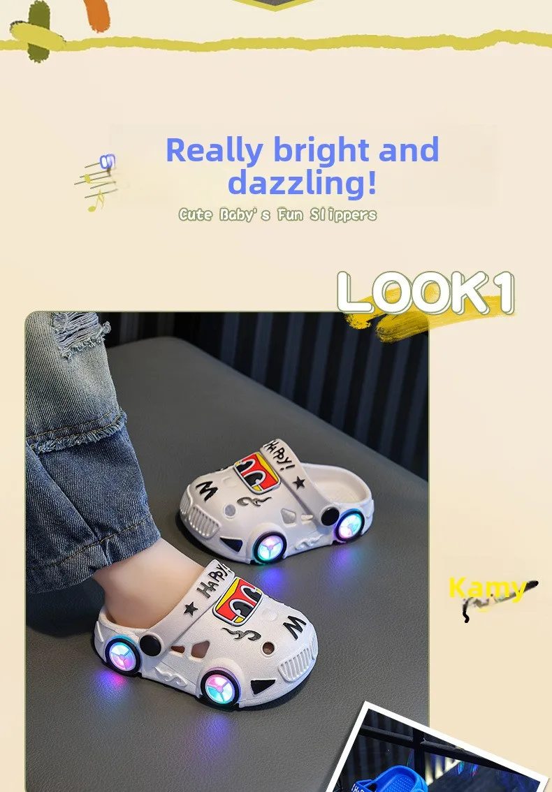 Children's Flashing Light Hole Shoes, Anti Slip Soft Soled Toe Cap Slippers, Cartoon Car Illuminated Slippers for Boys and Girls