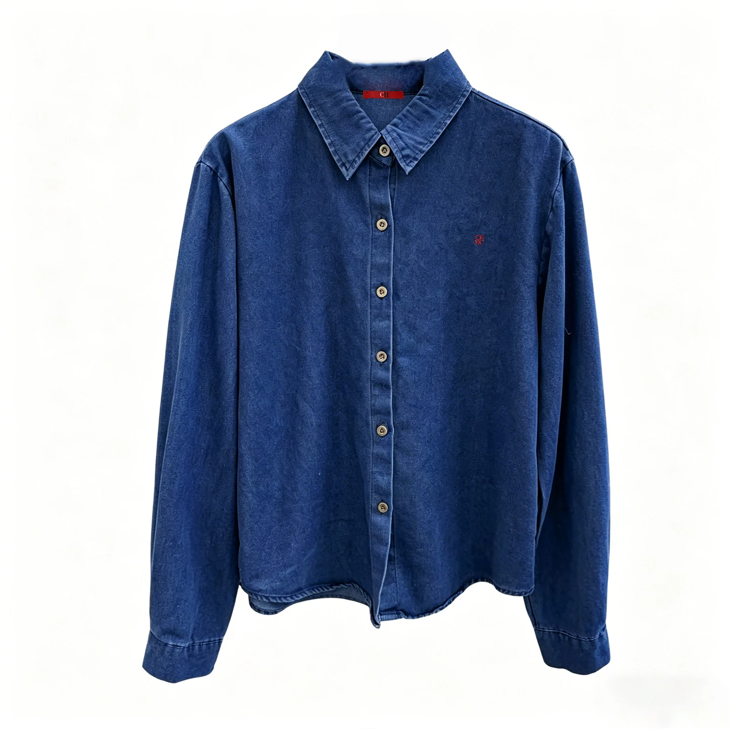 CH Embroidered Denim Long Sleeve Shirt Women Point Collar Regular Fit American Style Comfortable Casual Daily Tops