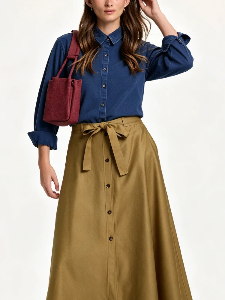 CH Embroidered Denim Long Sleeve Shirt Women Point Collar Regular Fit American Style Comfortable Casual Daily Tops