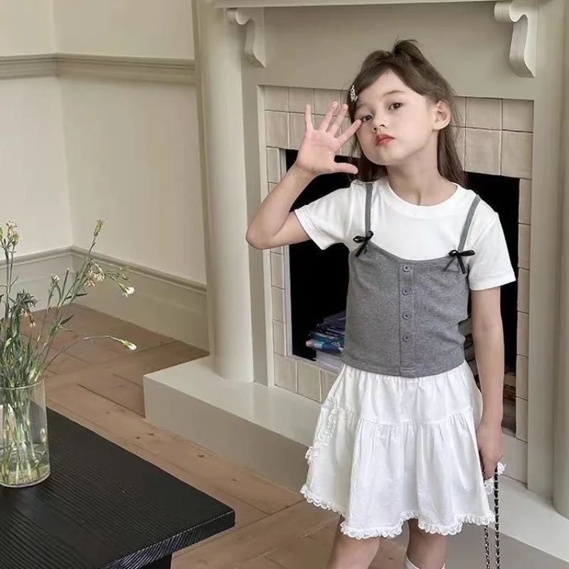 1-12Yrs Kids Girl Fake Two Piece Tops Bellbell Summer Bow Spliced Children Girl Short Sleeves Round Collar Infant Babys Girl Tee