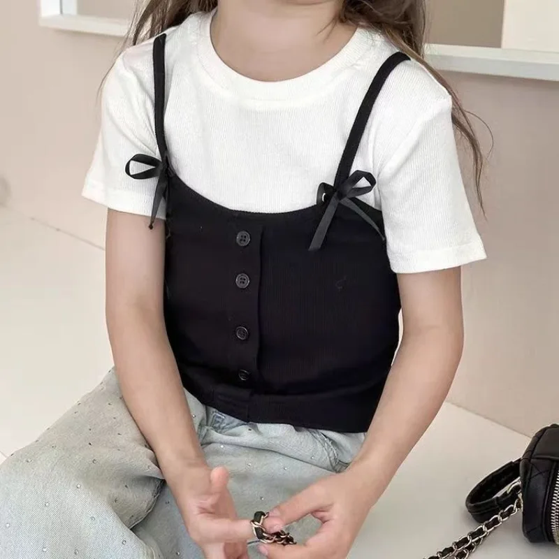 1-12Yrs Kids Girl Fake Two Piece Tops Bellbell Summer Bow Spliced Children Girl Short Sleeves Round Collar Infant Babys Girl Tee