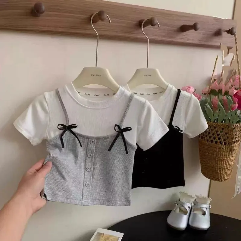 1-12Yrs Kids Girl Fake Two Piece Tops Bellbell Summer Bow Spliced Children Girl Short Sleeves Round Collar Infant Babys Girl Tee