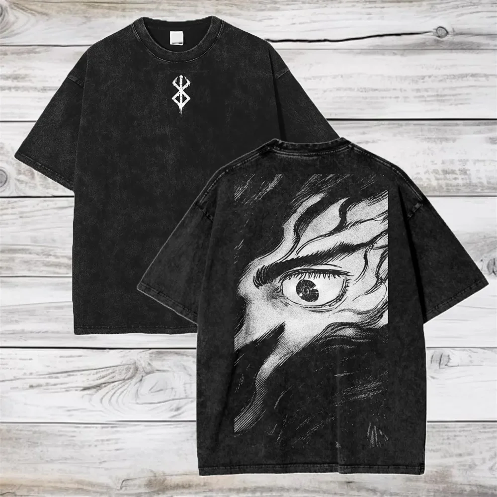 2026 Anime Berserk Cotton TShirt Hip Hop Streetwear T Shirt Guts Washed T-Shirt Summer Men Casual Loose Short Sleeve Harajuku