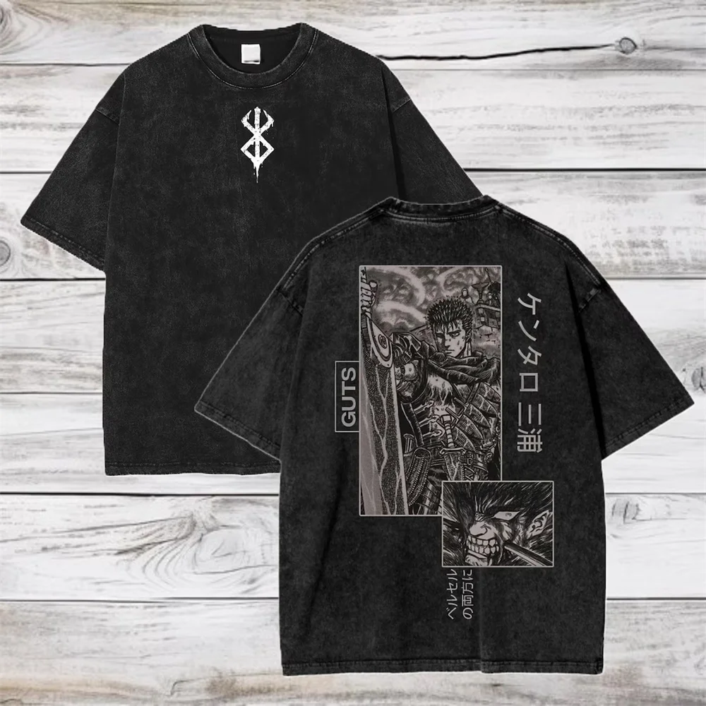 2026 Anime Berserk Cotton TShirt Hip Hop Streetwear T Shirt Guts Washed T-Shirt Summer Men Casual Loose Short Sleeve Harajuku
