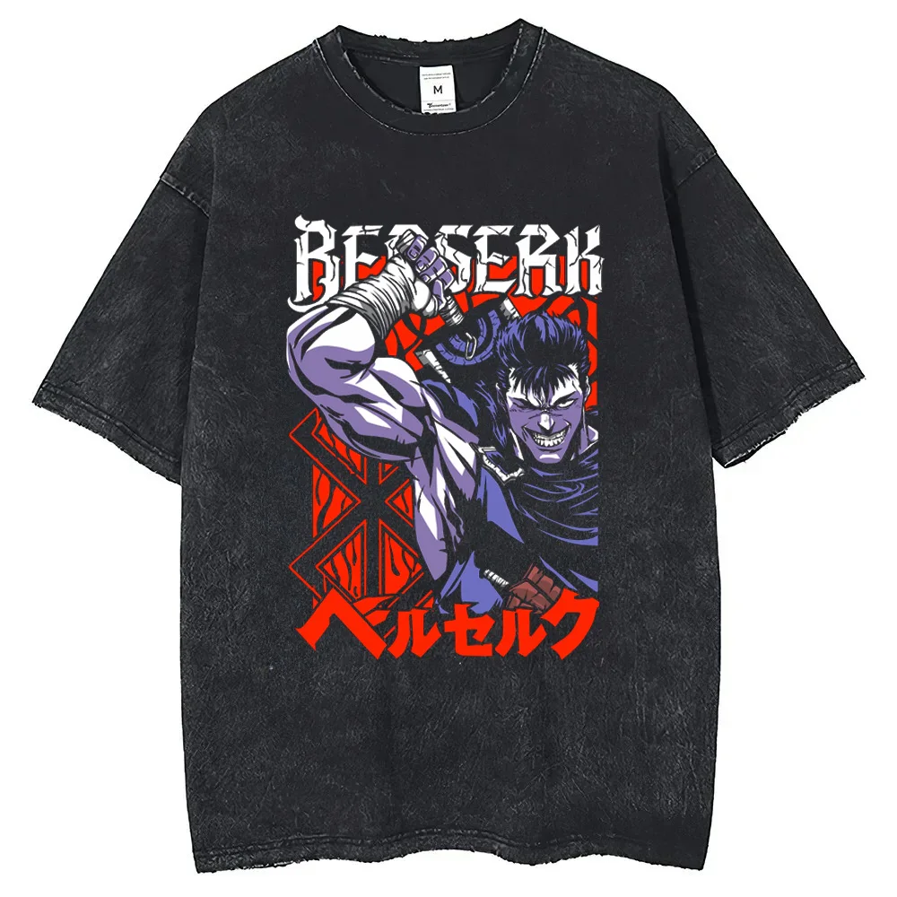 2026 Anime Berserk Cotton TShirt Hip Hop Streetwear T Shirt Guts Washed T-Shirt Summer Men Casual Loose Short Sleeve Harajuku