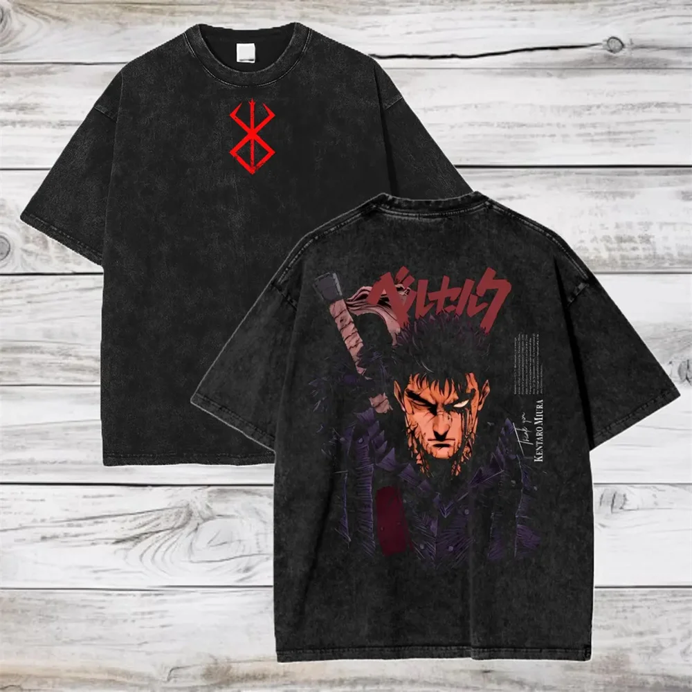 2026 Anime Berserk Cotton TShirt Hip Hop Streetwear T Shirt Guts Washed T-Shirt Summer Men Casual Loose Short Sleeve Harajuku