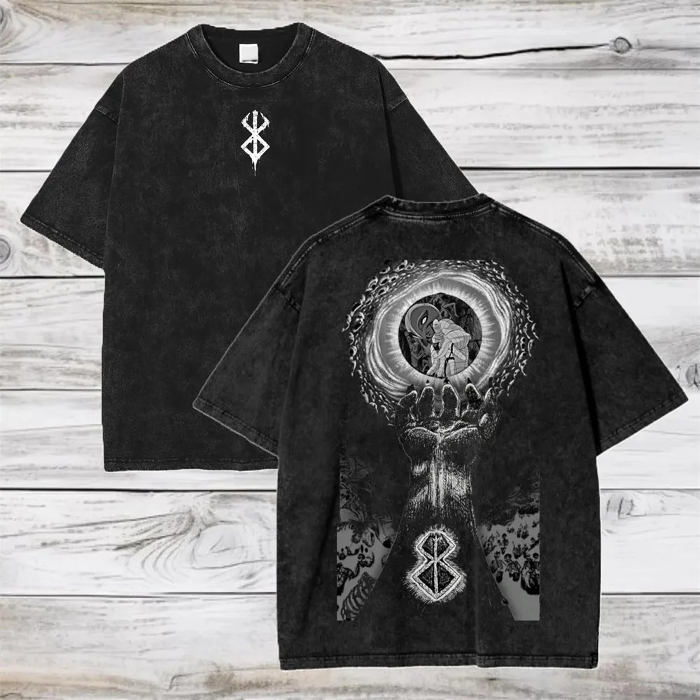 2026 Anime Berserk Cotton TShirt Hip Hop Streetwear T Shirt Guts Washed T-Shirt Summer Men Casual Loose Short Sleeve Harajuku