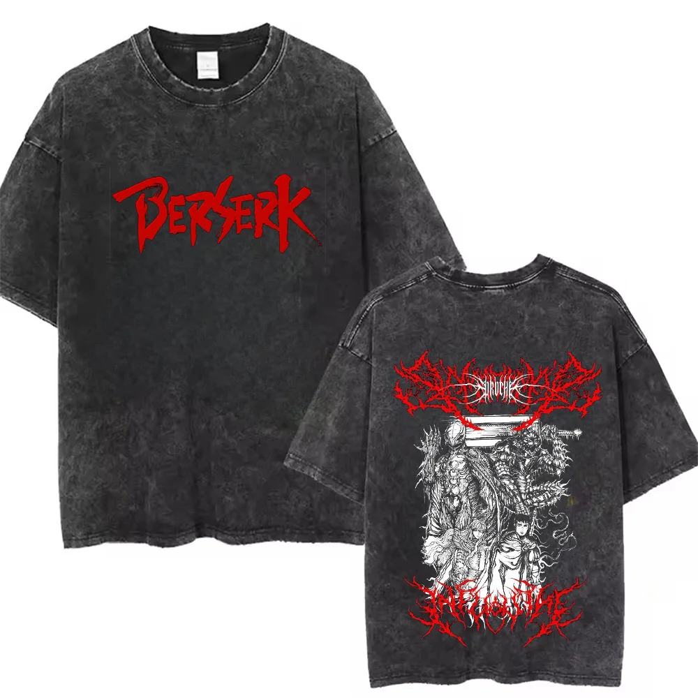 2026 Anime Berserk Cotton TShirt Hip Hop Streetwear T Shirt Guts Washed T-Shirt Summer Men Casual Loose Short Sleeve Harajuku