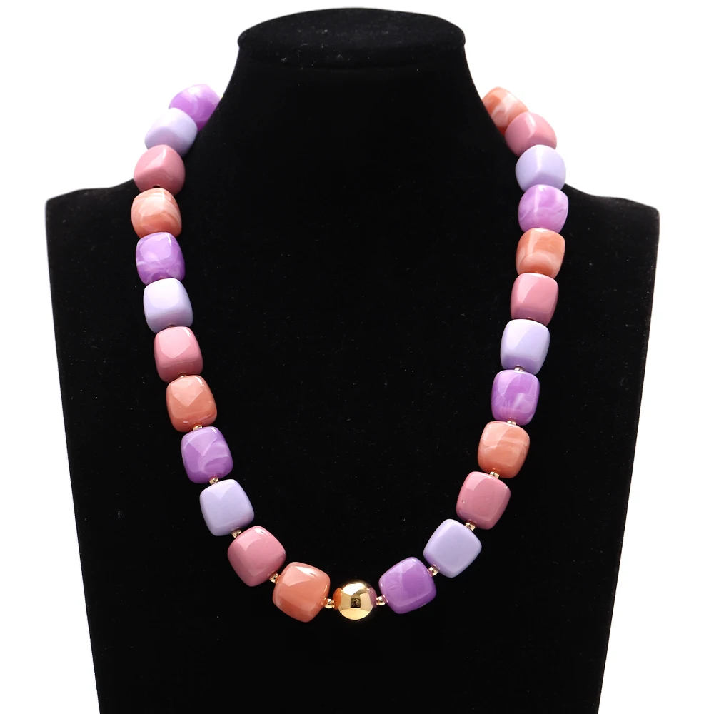 Boho Colorful Acrylic Geometric Square Beads Necklace Fashion Resin Geometry Beaded Collar Necklace 2026 New Jewelry Gifts