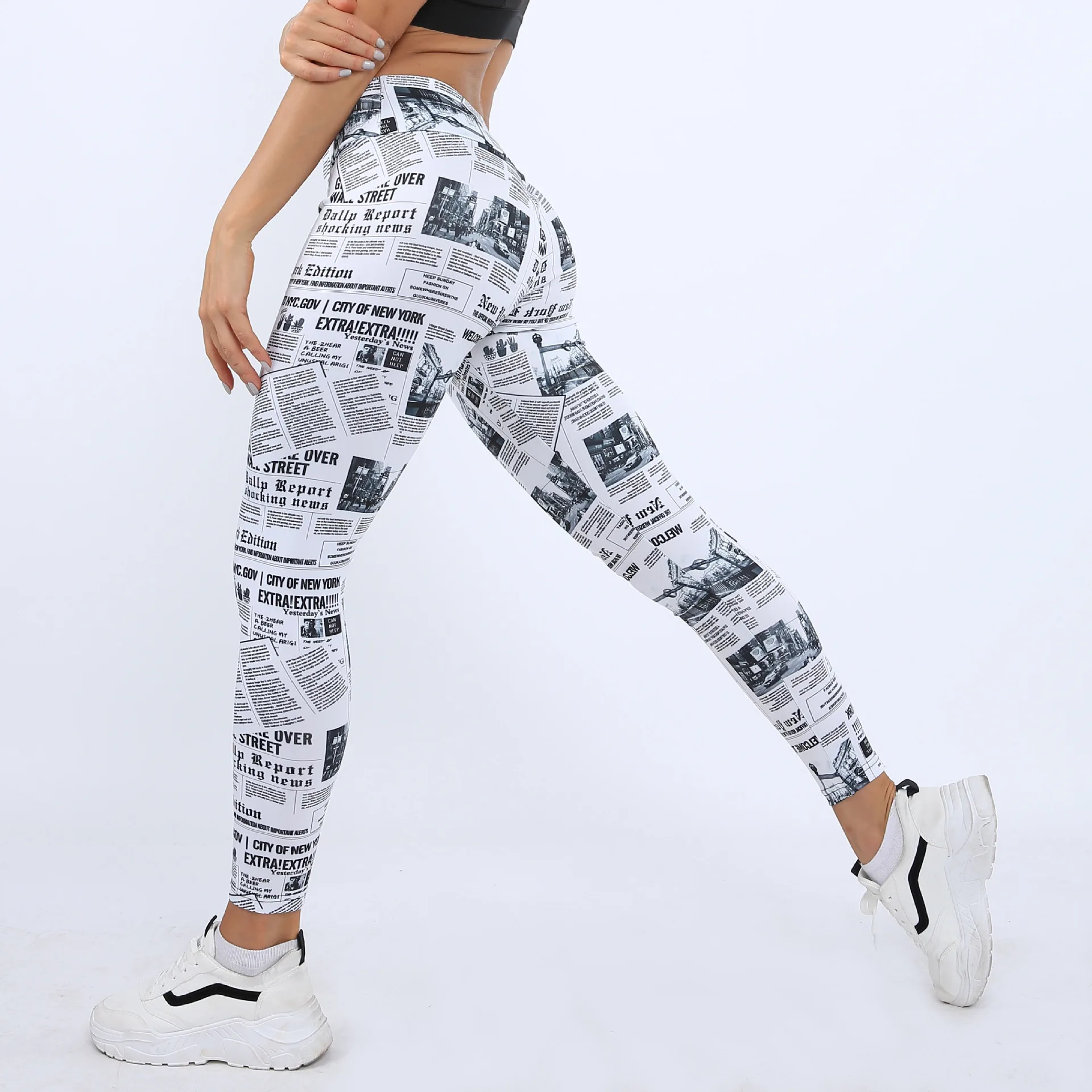 Women's Newspaper Print High Waist Leggings, Butt Lift Tummy Control Stretch Workout Yoga Pants