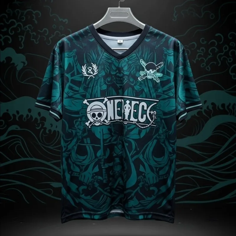 Men's One Piece Straw Hat Pirates Samurai Wave Pattern 3D Printed V-Neck Sports Jersey Tee Stylish Casual Wear for Anime Fans