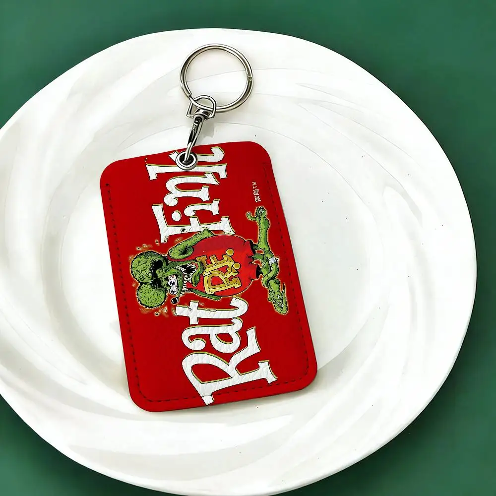 Funny Rat Fink 1Pc PU Leather Card Holder Keychain Key Ring Door Lock Access Tags ID Card Case Keychain Card