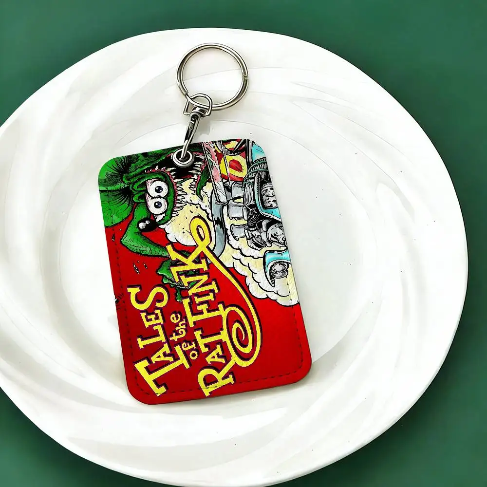 Funny Rat Fink 1Pc PU Leather Card Holder Keychain Key Ring Door Lock Access Tags ID Card Case Keychain Card