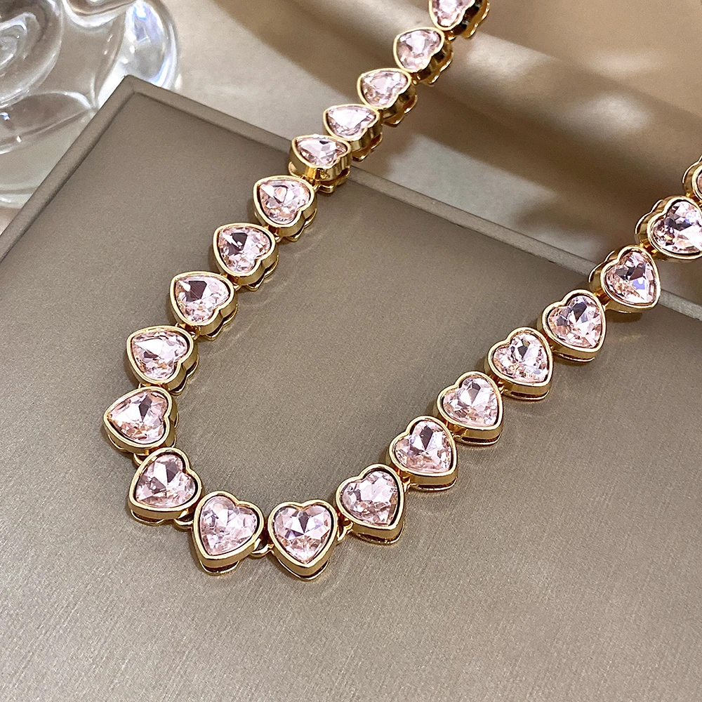 Romantic Rainbow Pink Heart Zircon Link Chain Necklace for Women Elegant Gold Color Choker Necklaces Valentine's Day Gifts
