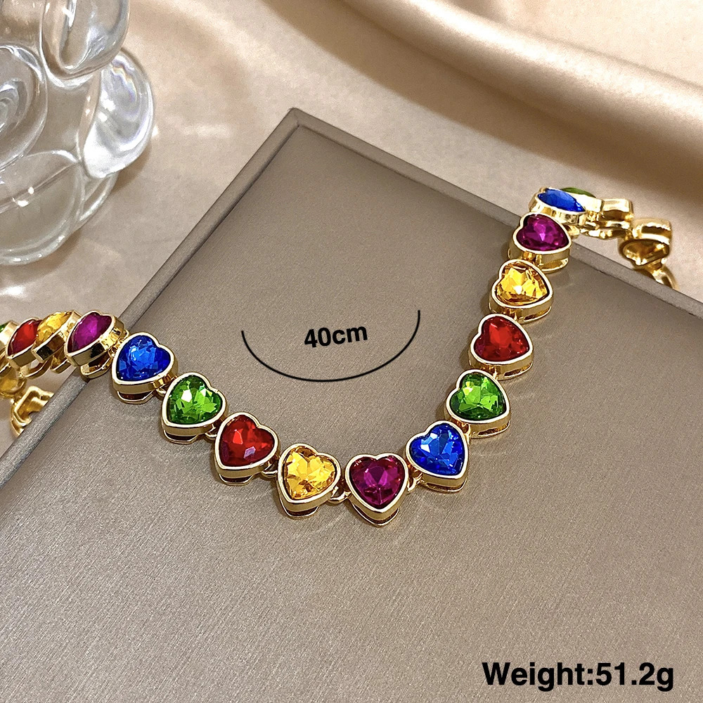 Romantic Rainbow Pink Heart Zircon Link Chain Necklace for Women Elegant Gold Color Choker Necklaces Valentine's Day Gifts