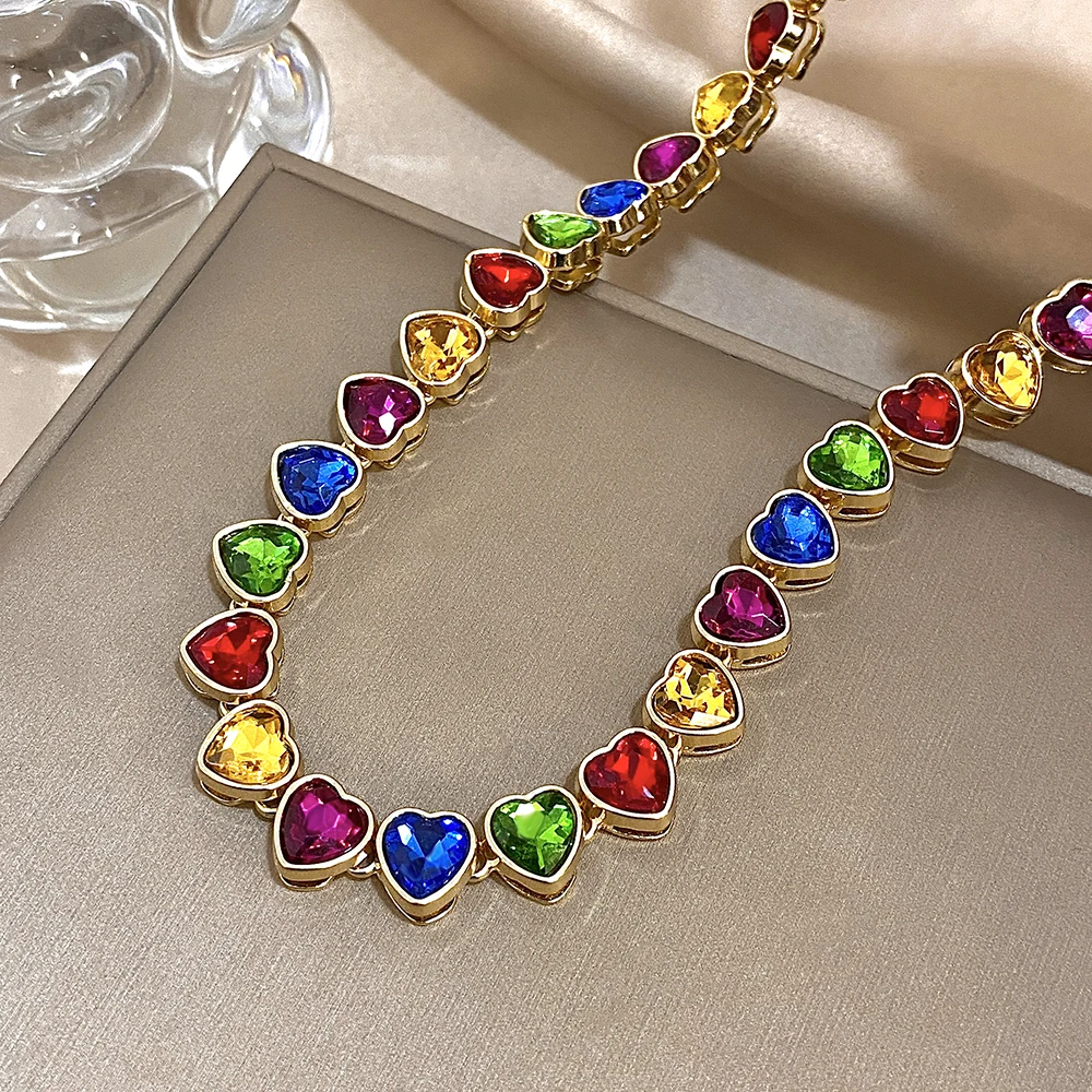 Romantic Rainbow Pink Heart Zircon Link Chain Necklace for Women Elegant Gold Color Choker Necklaces Valentine's Day Gifts