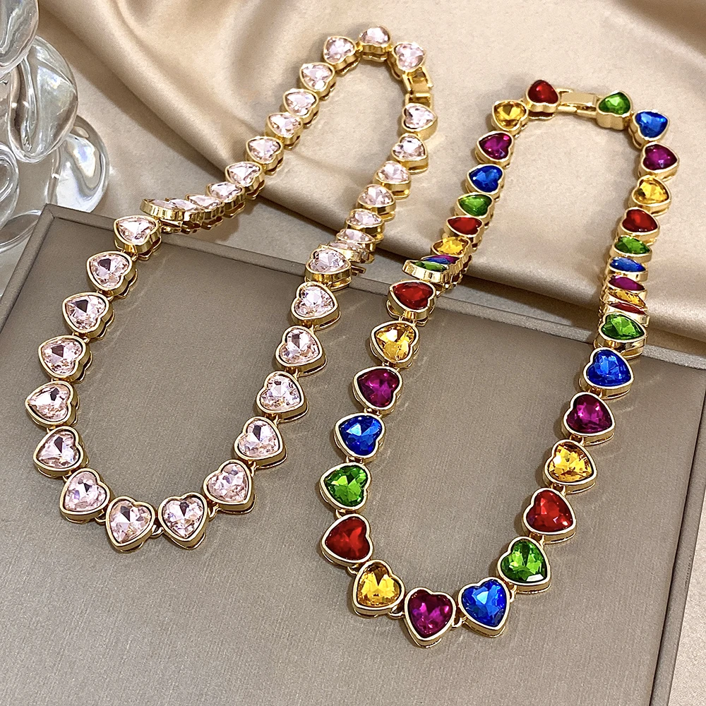 Romantic Rainbow Pink Heart Zircon Link Chain Necklace for Women Elegant Gold Color Choker Necklaces Valentine's Day Gifts